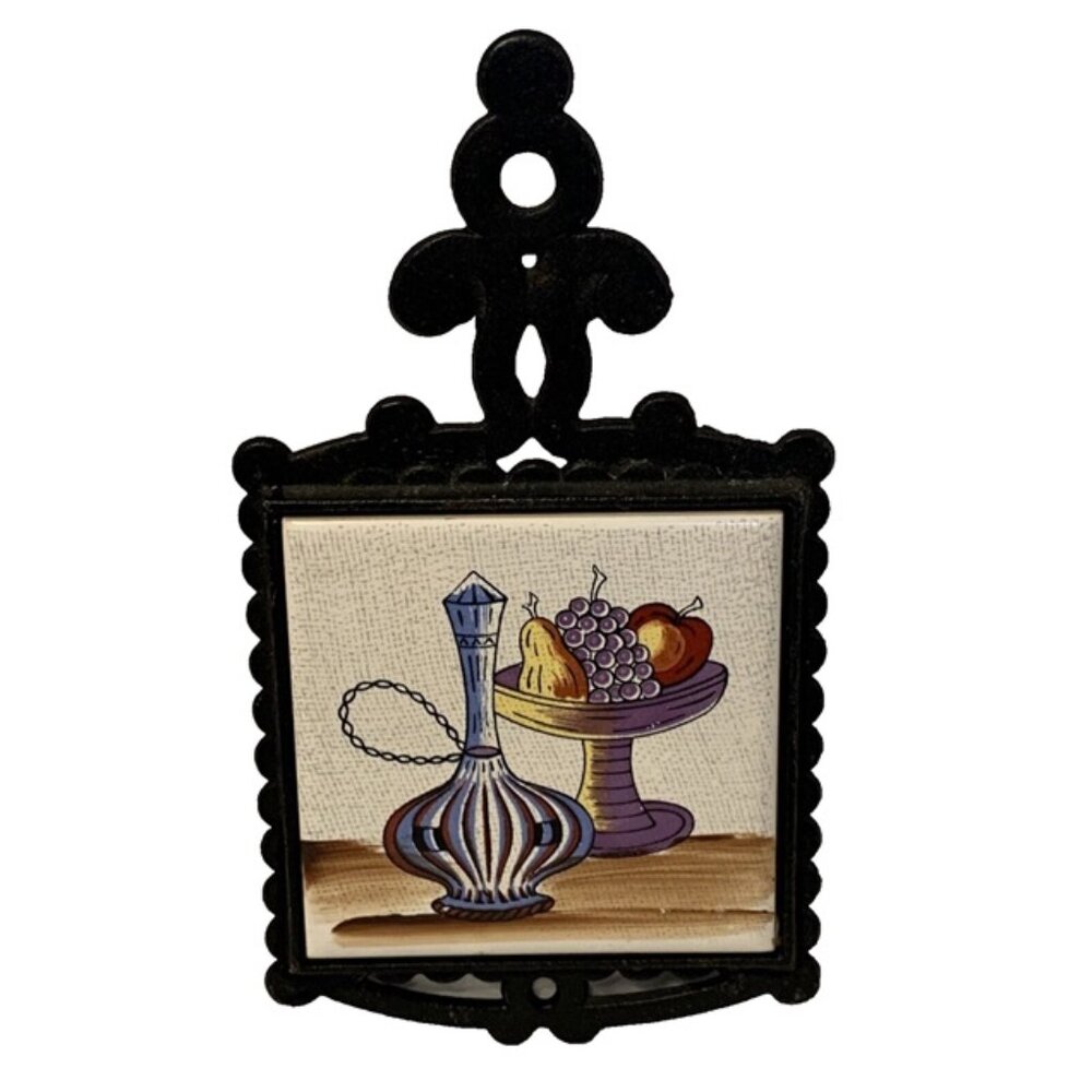 Tile And Metal Trivet Vintage Retro Decantor & Fruit Shabby Chic Wall Hanging